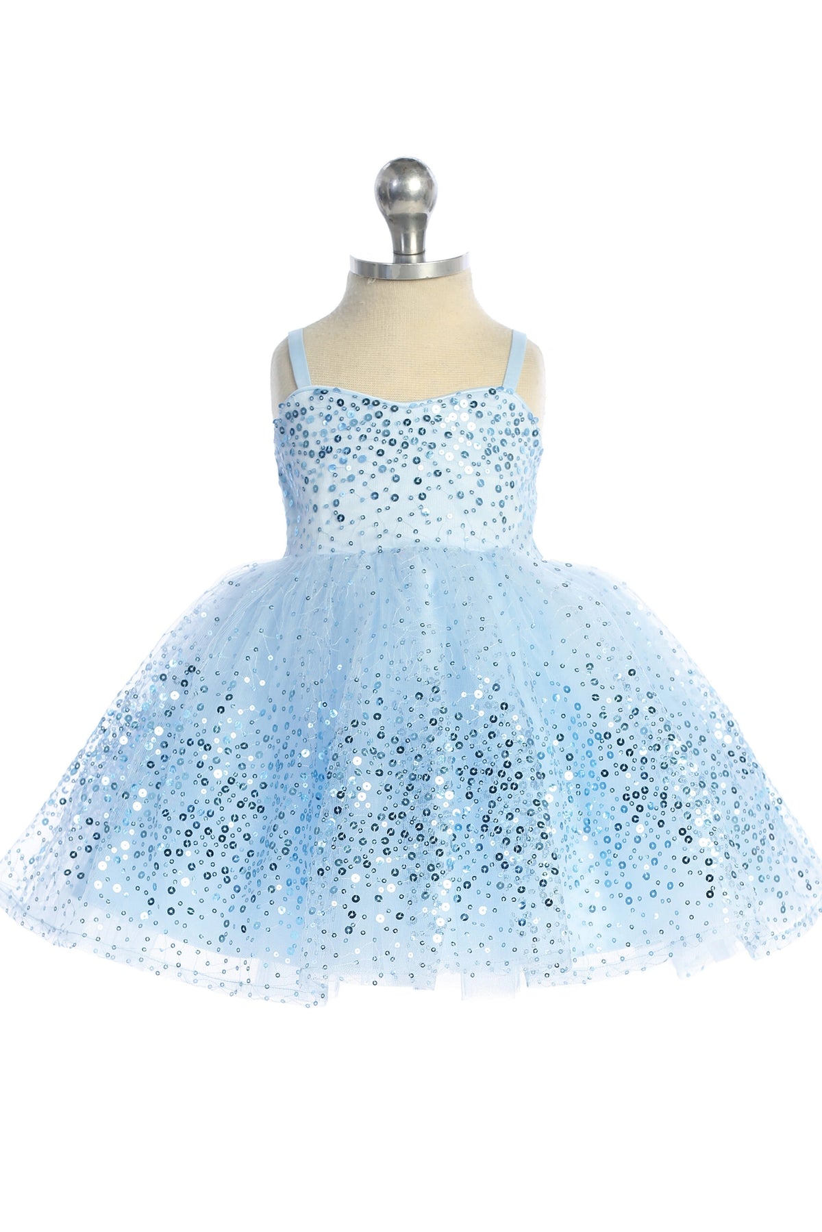 Sky Blue kids pageant dress featuring sequins across the bodice and skirt.