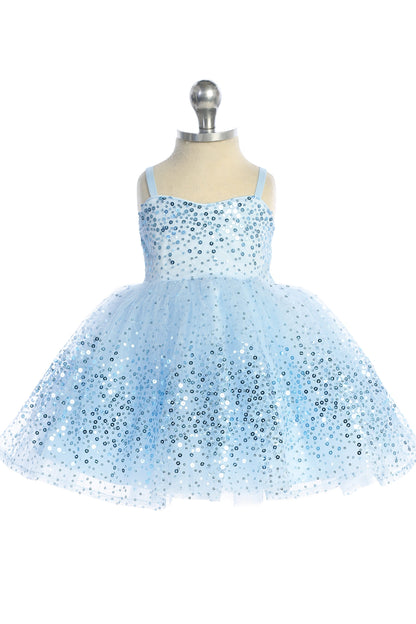 Sky Blue kids pageant dress featuring sequins across the bodice and skirt.