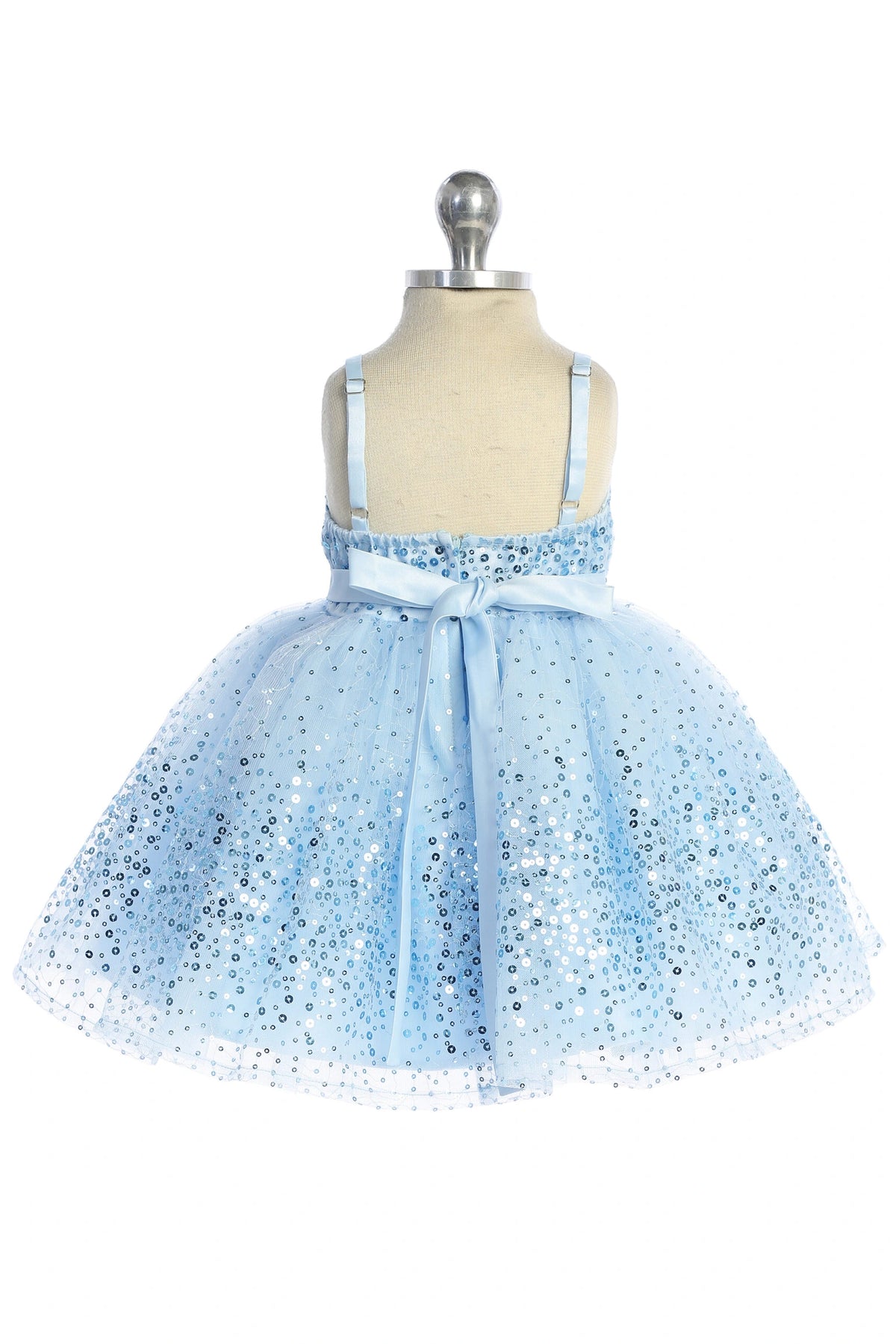 The Sky Blue kids pageant dress has a tied sash across the back waist.