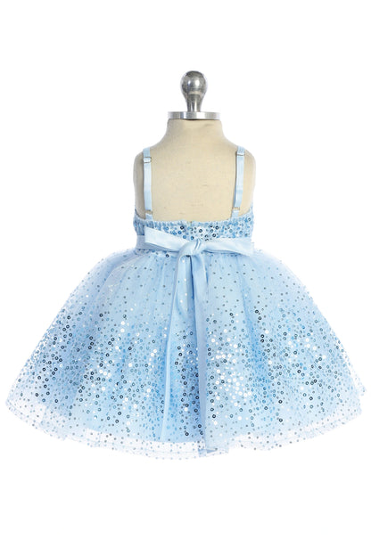 The Sky Blue kids pageant dress has a tied sash across the back waist.