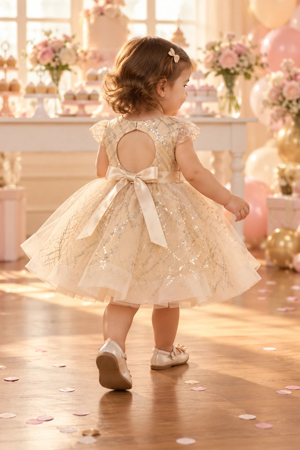 Back view of the champagne baby and toddler dress with a keyhole opening and tied waist bow.