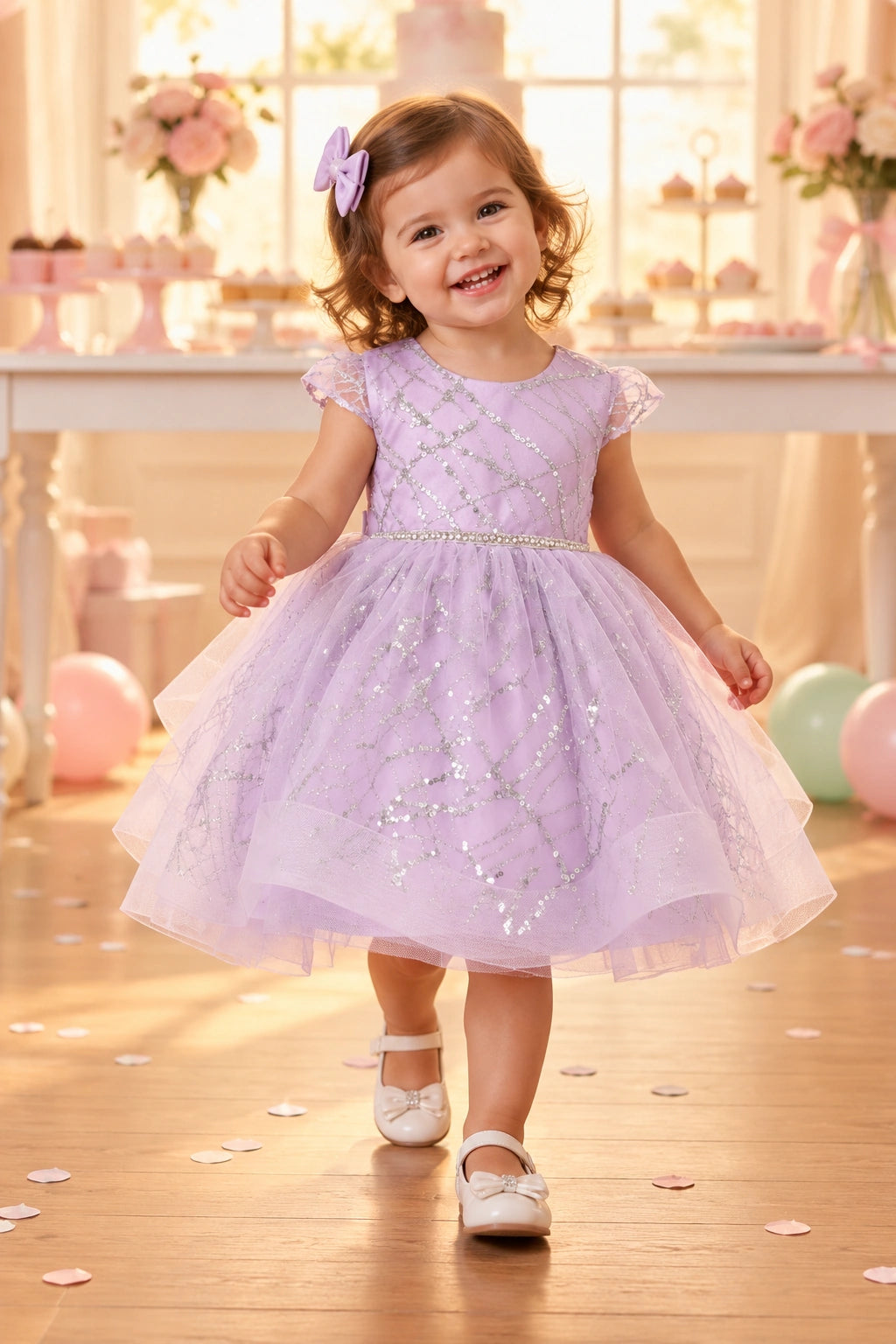 Lilac baby and toddler dress with a glitter crosshatch pattern and full tulle skirt.