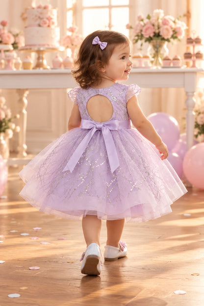 Back view of the lilac baby and toddler dress with a keyhole opening and tied waist bow.