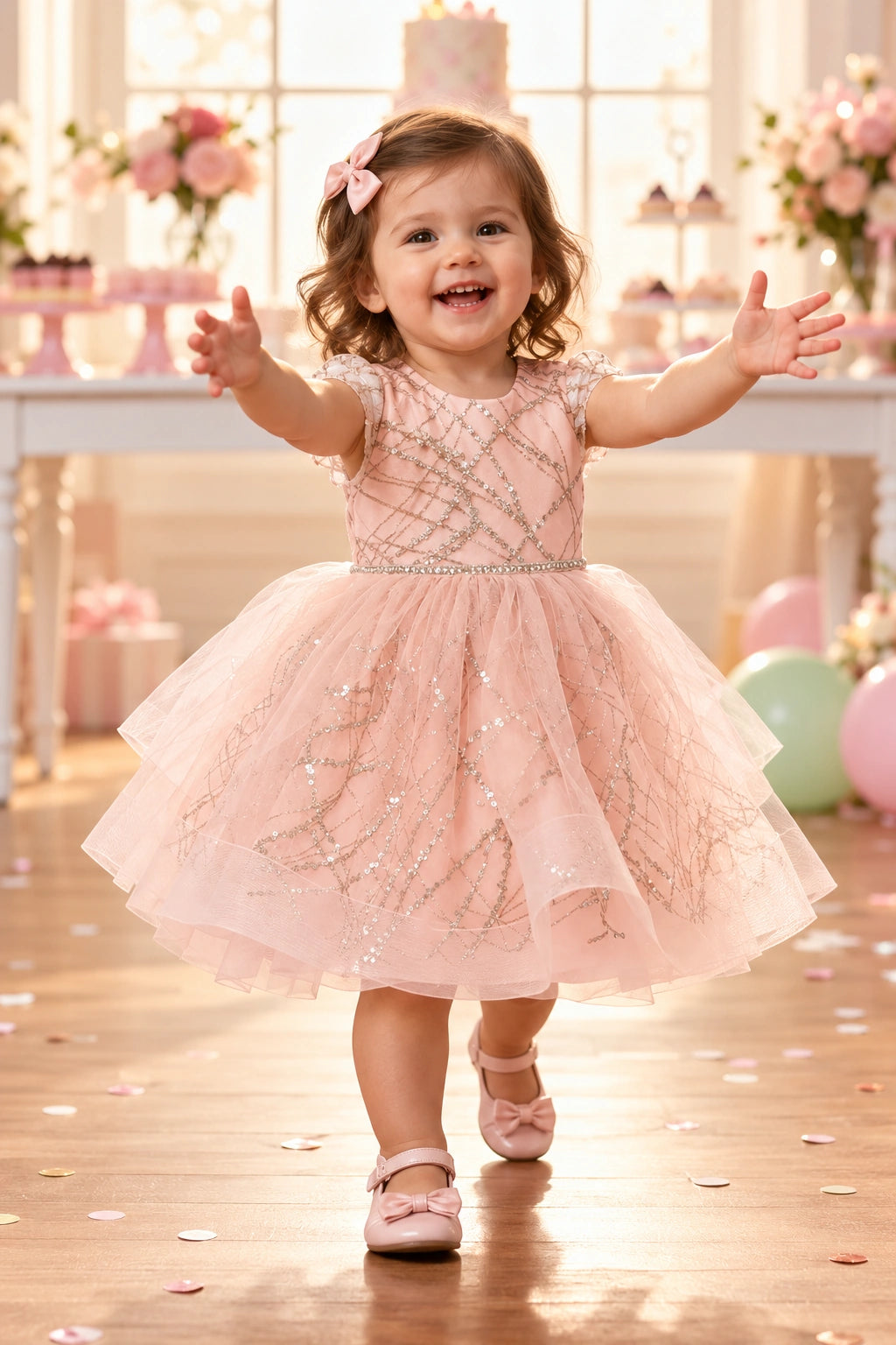Rose gold baby and toddler dress with a glitter crosshatch pattern and full tulle skirt.