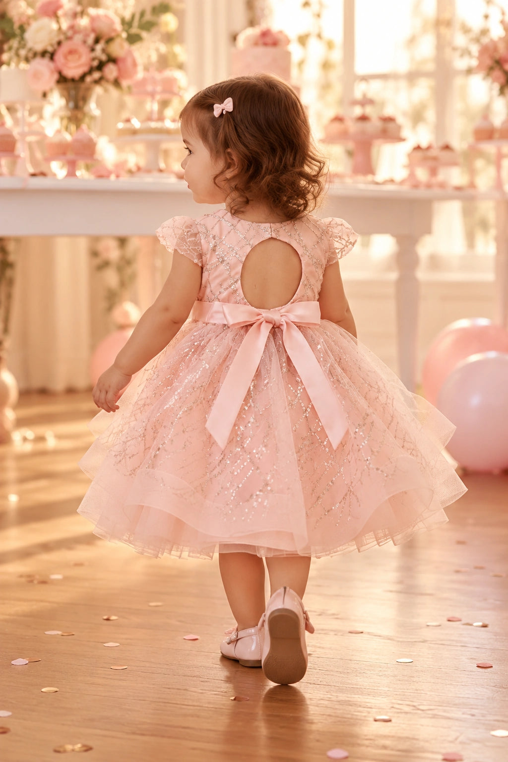 Back view of the rose gold baby and toddler dress with a keyhole opening and tied waist bow.