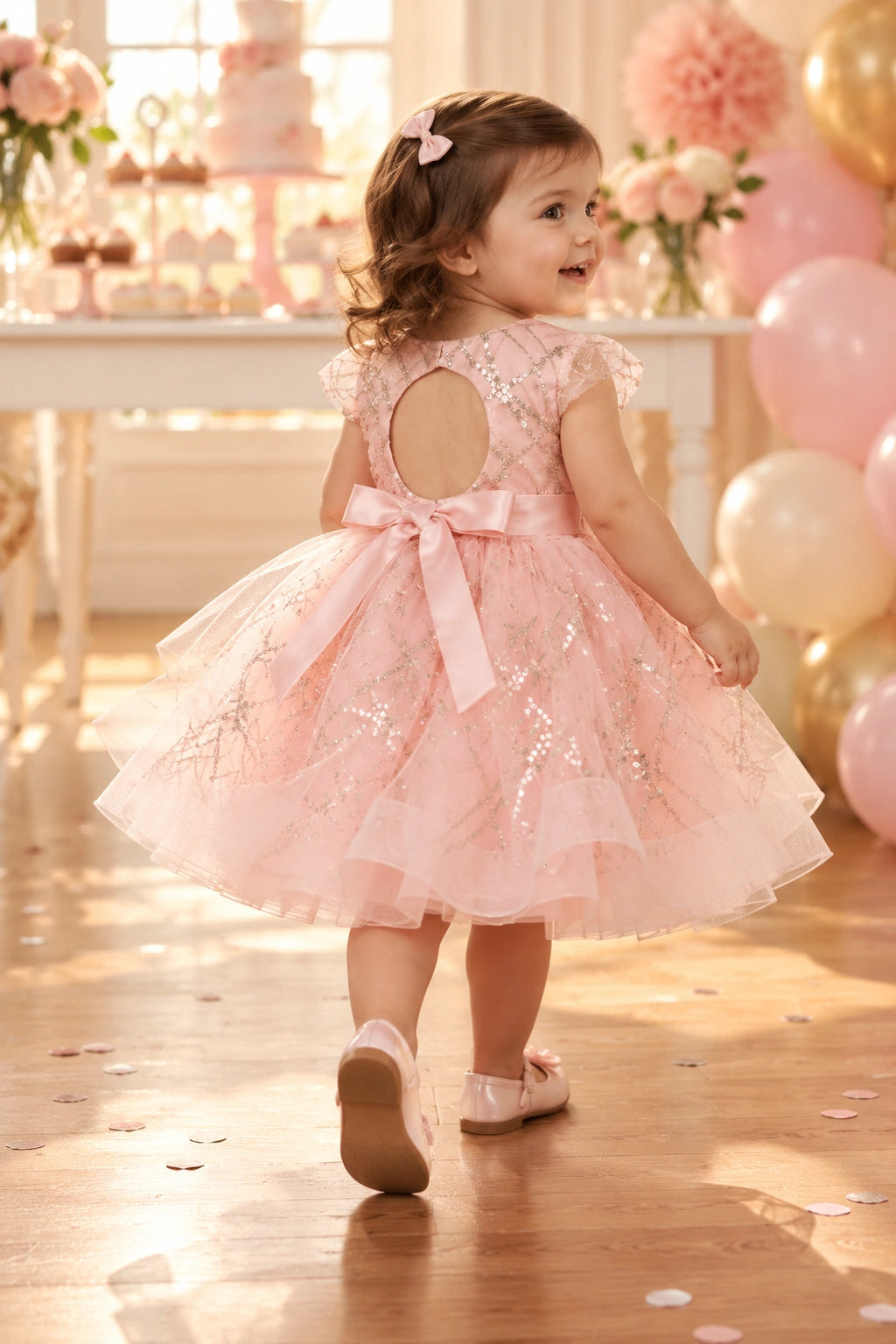 Angled back view of the rose gold baby and toddler dress with a bow and glitter-patterned tulle skirt.