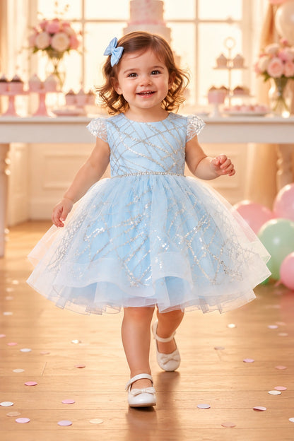 Sky blue baby and toddler dress with a glitter crosshatch pattern and full tulle skirt.