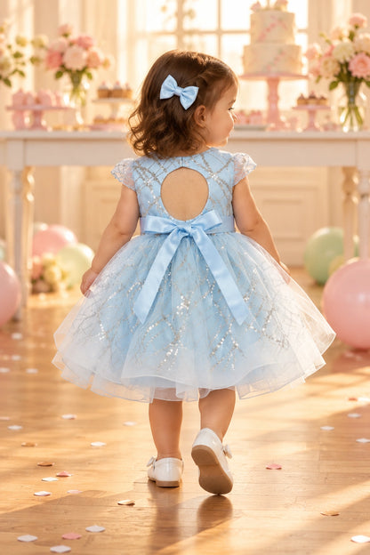 Back view of the sky blue baby and toddler dress with a keyhole opening and tied waist bow.