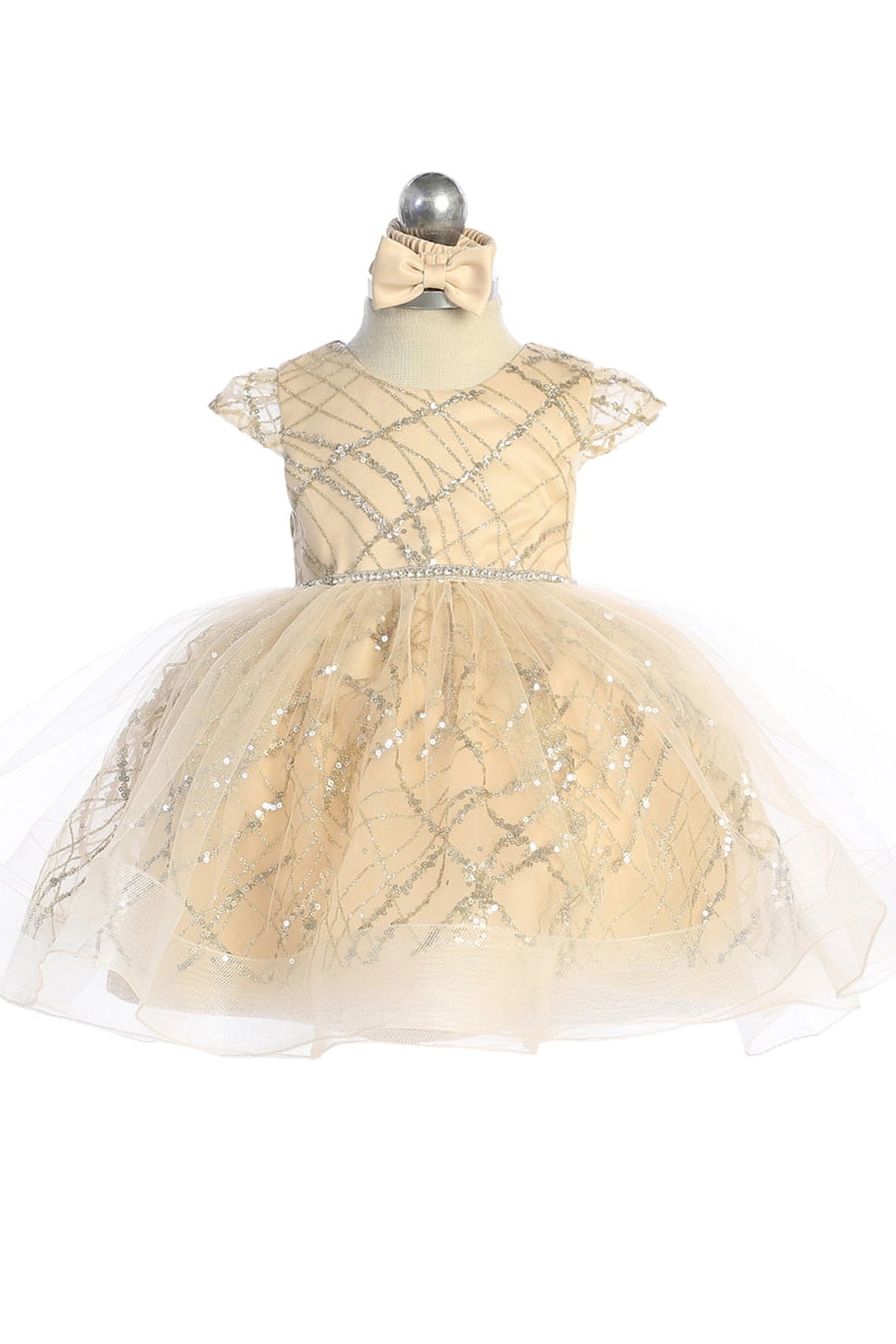 Gold kids pageant dress featuring a glitter crosshatch pattern.