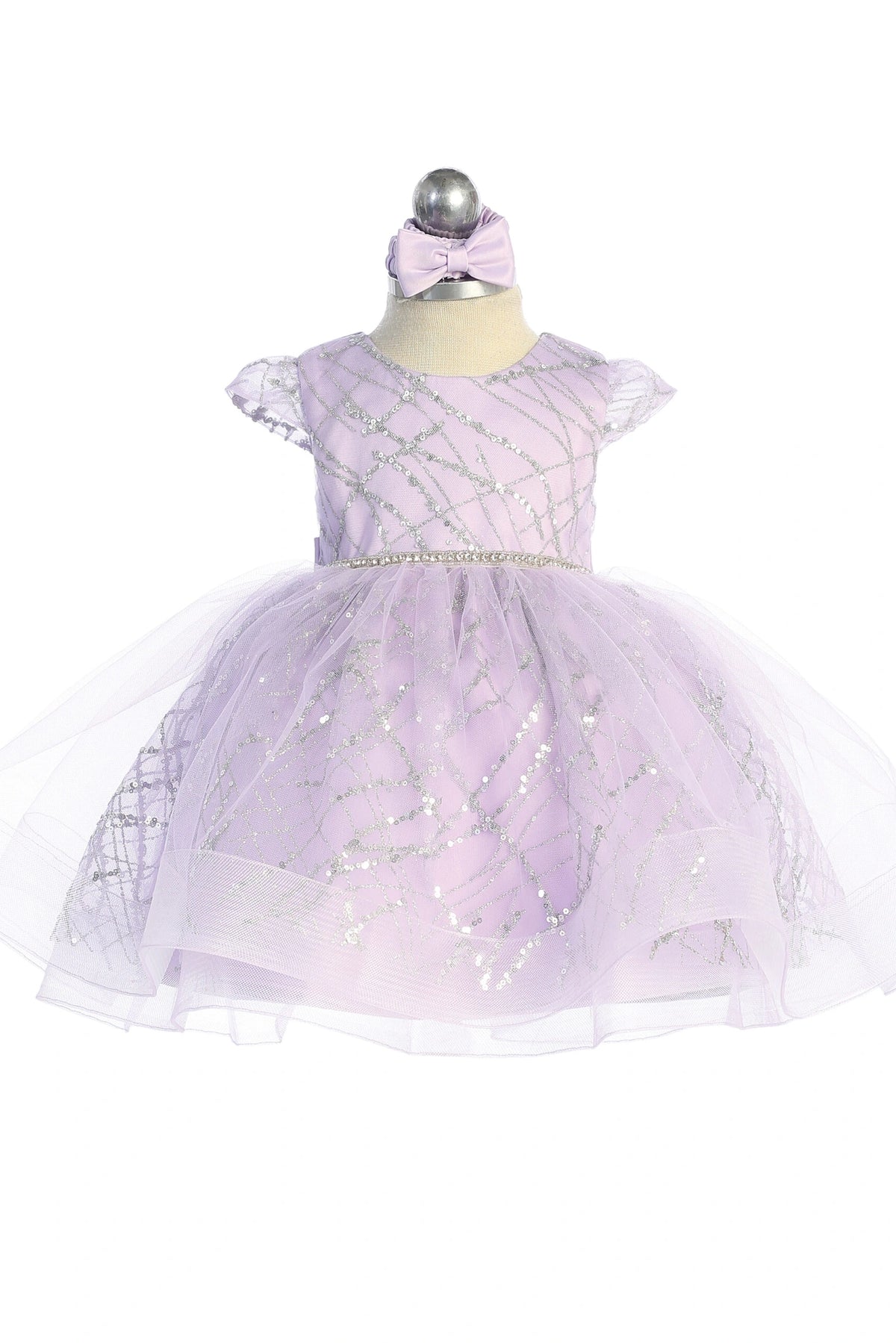 Lilac kids pageant dress featuring a glitter crosshatch pattern.