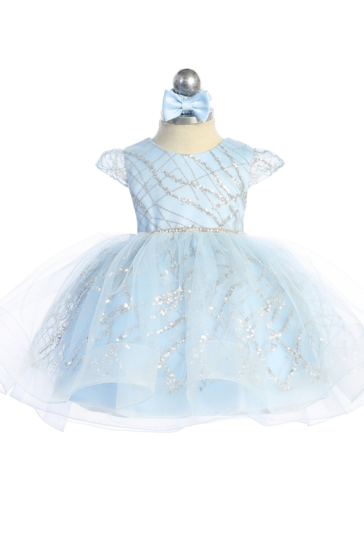 Sky Blue kids pageant dress featuring a glitter crosshatch pattern.