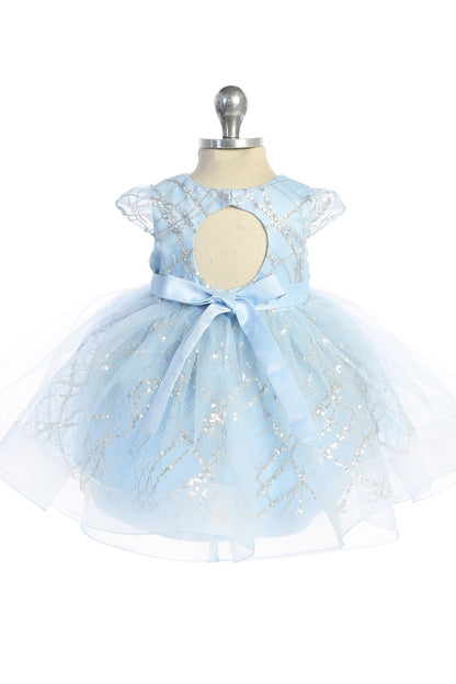 The Sky Blue kids pageant dress has a tied sash across the back waist.