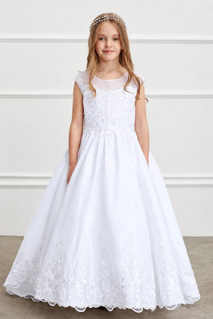 Lace cap sleeves extend from the white flower girl dress's sheer yoke.
