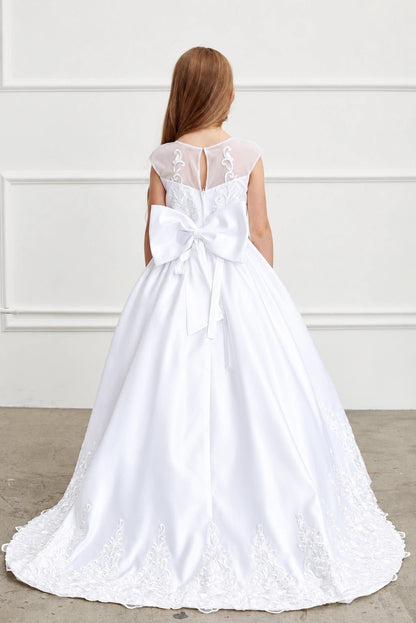 Broad satin loops form the white flower girl dress's back bow.