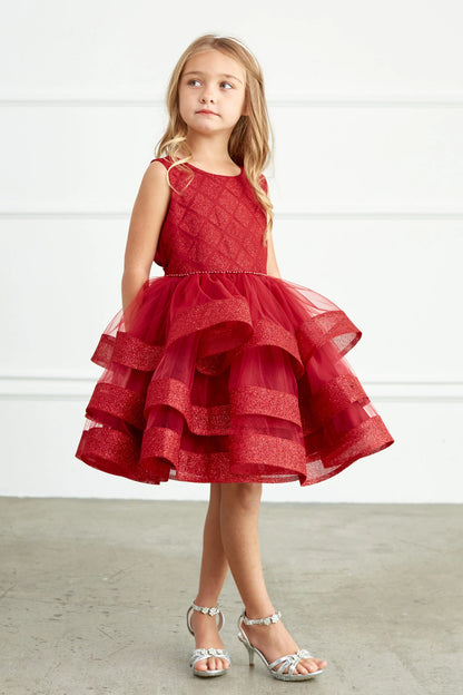 Burgundy kids pageant dress featuring a short tiered mesh skirt.