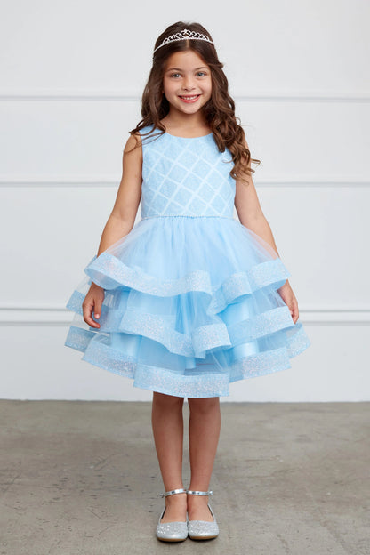 Sky Blue kids pageant dress featuring a short tiered mesh skirt.