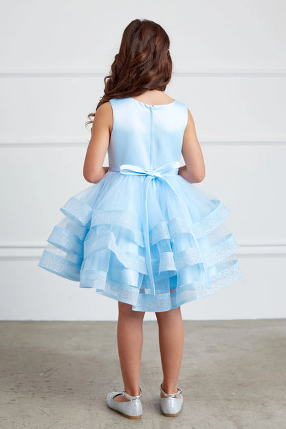 The Sky Blue kids pageant dress has a tied sash across the back waist.