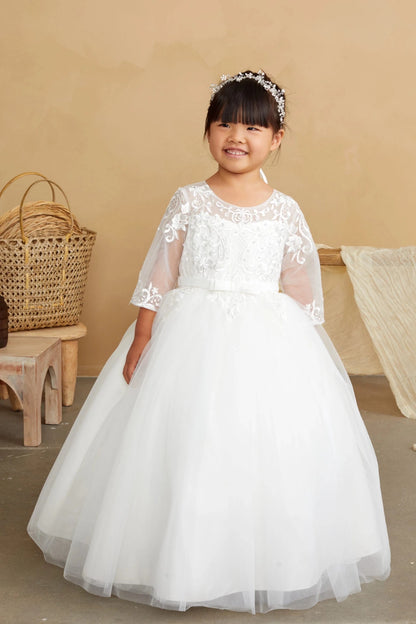 Front view of the ivory illusion lace with sheer sleeves flower girl dress.