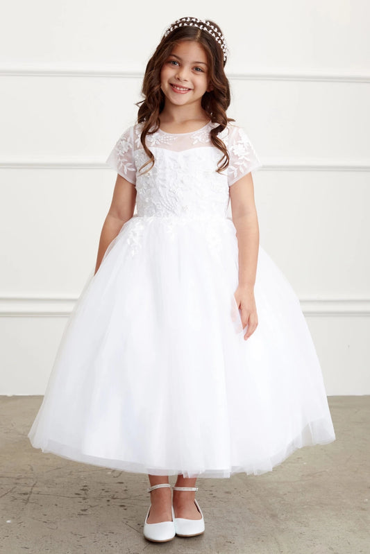 Sheer lace sleeves on a white flower girl dress.