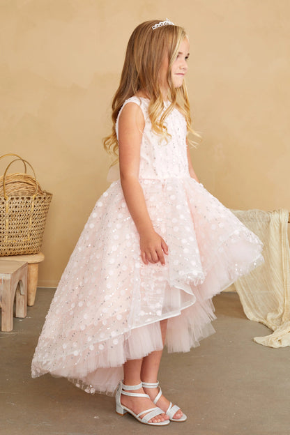 In view: high-low dotted tulle of a blush flower girl dress.