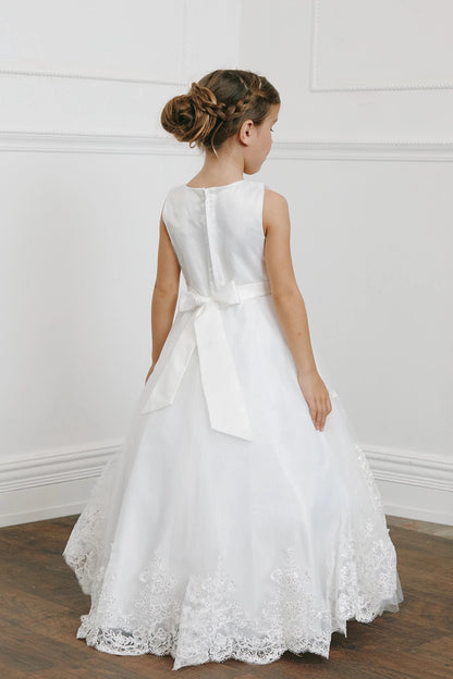 Back view of the ivory sequin lace with a tulle peplum flower girl dress.
