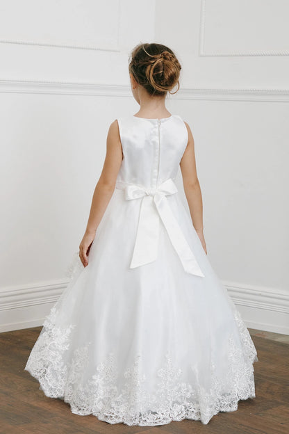 Back view of the ivory sequin lace with a tulle peplum flower girl dress.