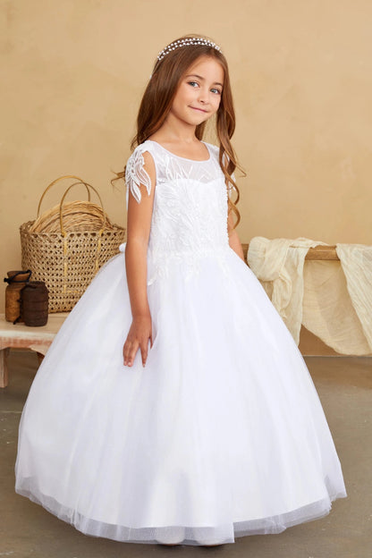 A view of a full gathered skirt on the white flower girl dress.