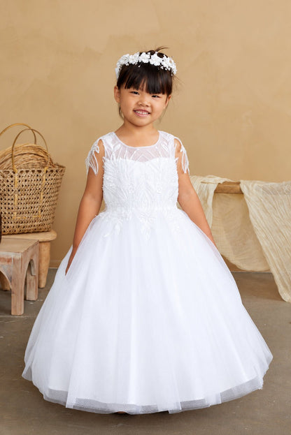 Pointed leaf embroidery overlays the white flower girl dress's sheer yoke.
