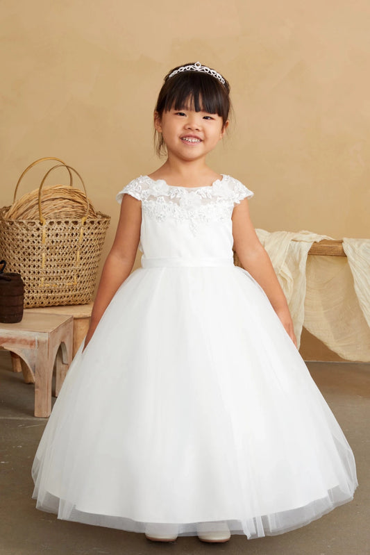 Front view of the ivory 3d floral lace with bridal buttons flower girl dress.