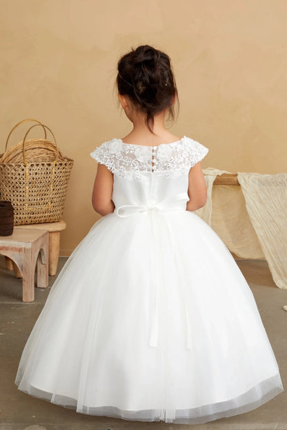 Back view of the ivory 3d floral lace with bridal buttons flower girl dress.