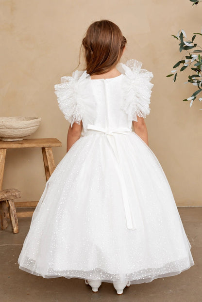 Emphasis on a small satin back bow of the off-white flower girl dress.