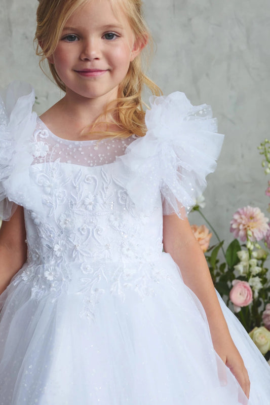 Detailed with a beaded lace bodice, this white flower girl dress.