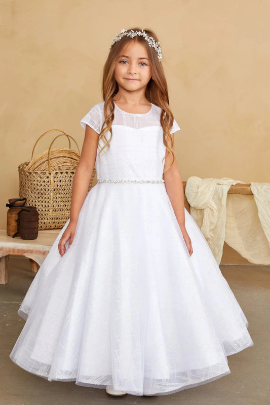 A view of beaded waist trim on the white flower girl dress.
