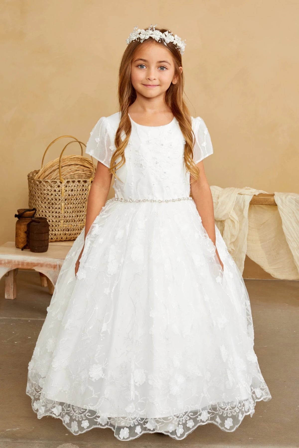 Front view of the ivory 3d floral lace with pearls and sequins flower girl dress.