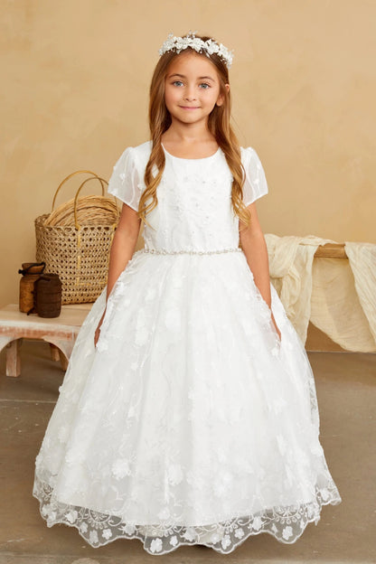 Front view of the ivory 3d floral lace with pearls and sequins flower girl dress.