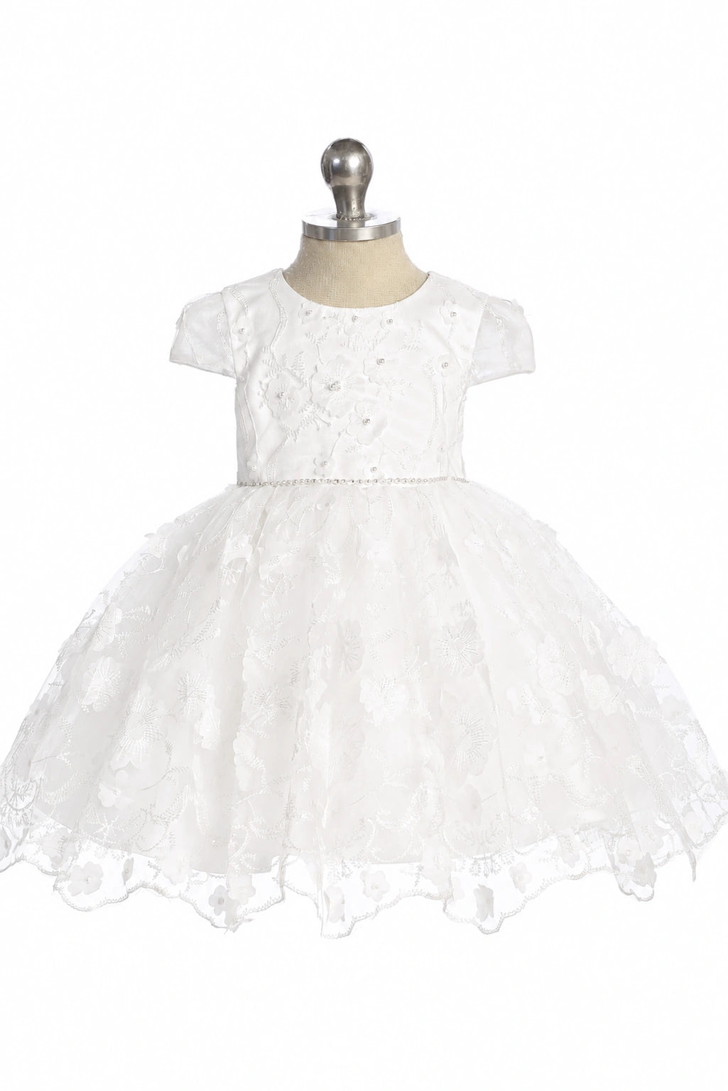 Front view of the ivory 3d floral lace with pearls and sequins flower girl dress.