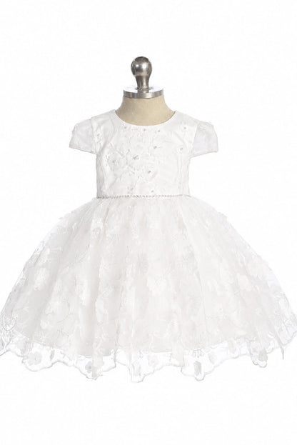Front view of the ivory 3d floral lace with pearls and sequins flower girl dress.