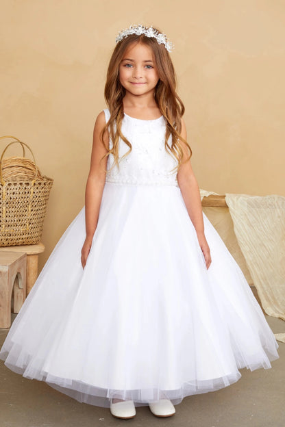 Defined by a beaded sleeveless bodice, this white flower girl dress.