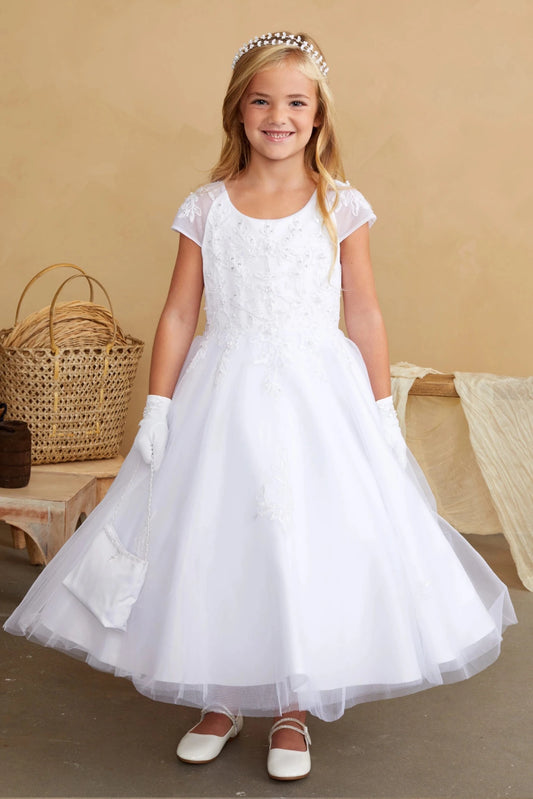 White flower girl dress, showing lace-trimmed cap sleeves.