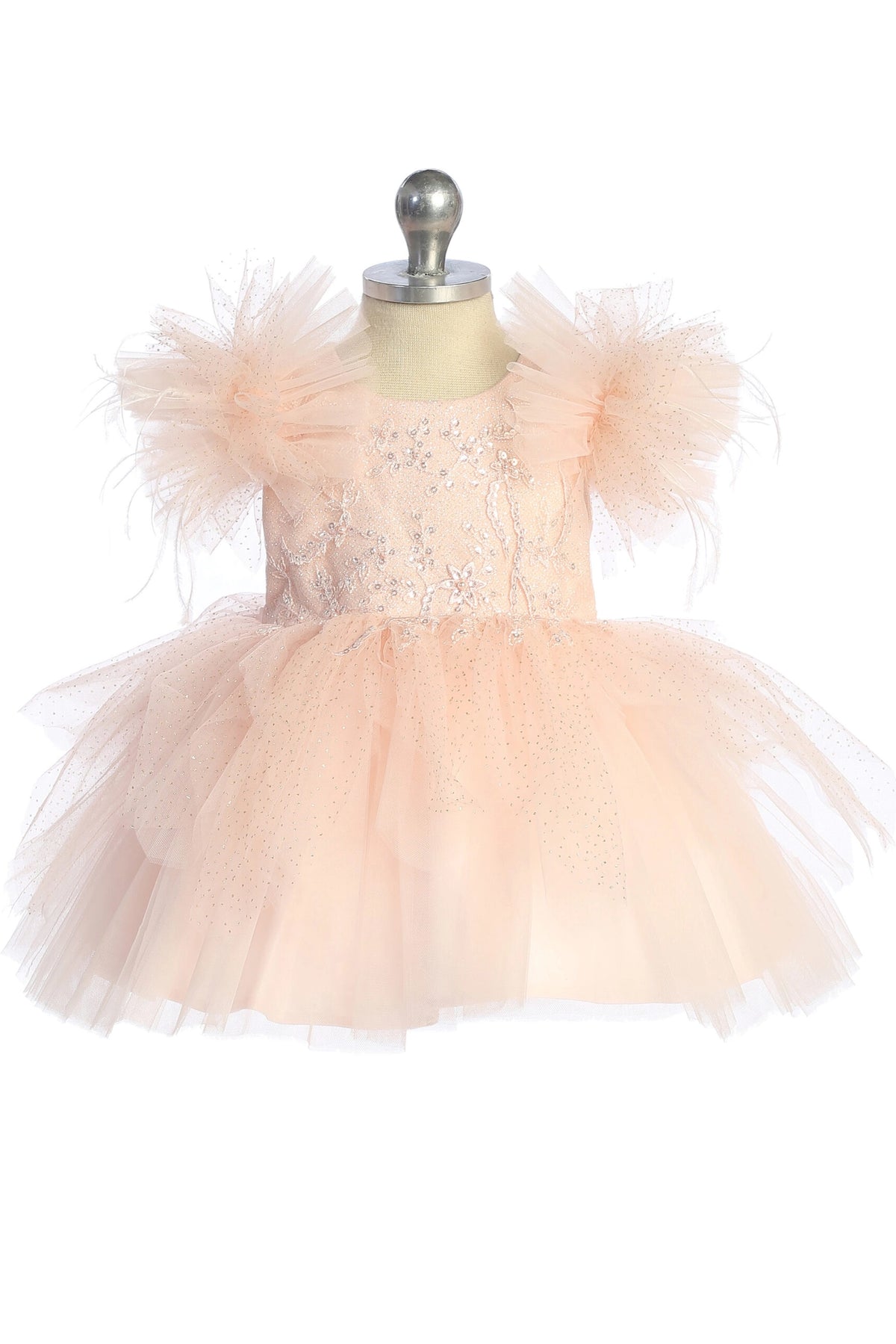The Blush kids pageant dress has feather-trimmed flutter sleeves.
