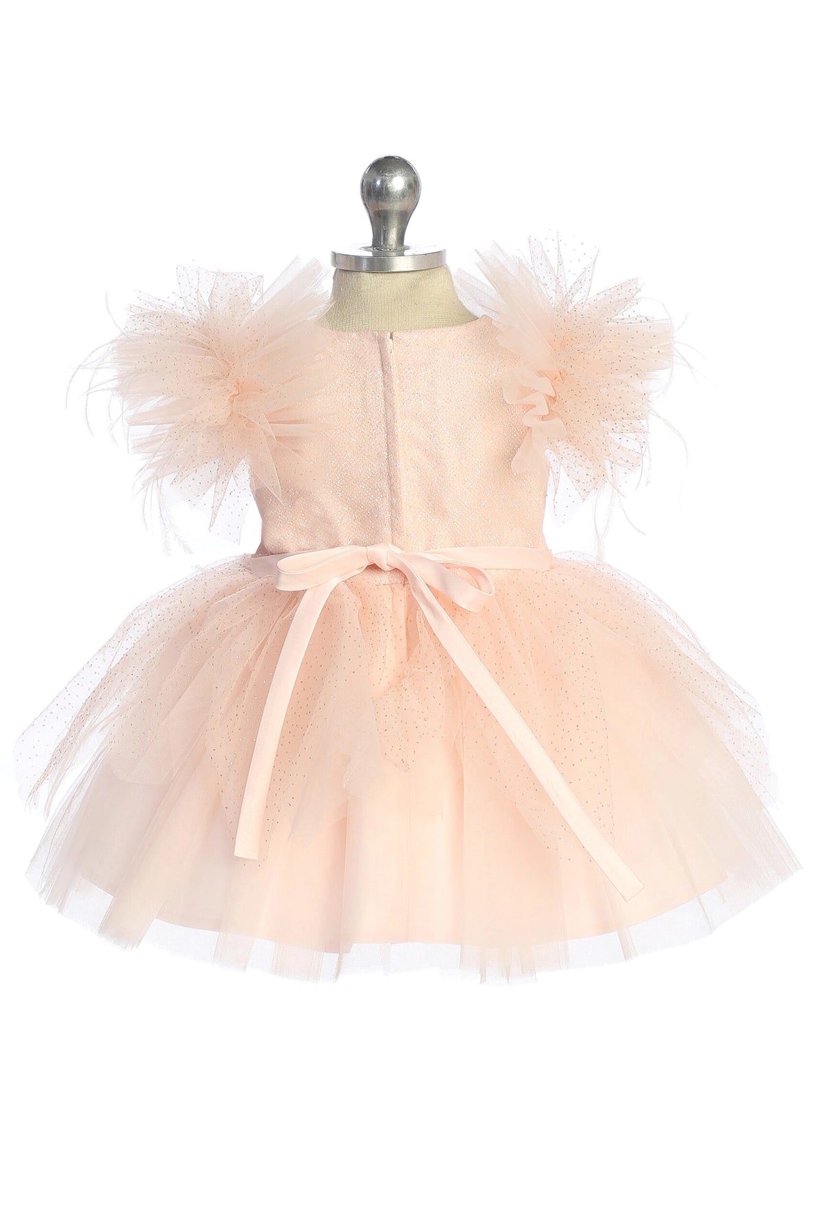 Visible details on the Blush kids pageant dress include feather-trimmed flutter sleeves.