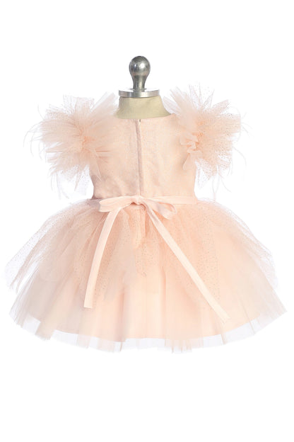 Visible details on the Blush kids pageant dress include feather-trimmed flutter sleeves.