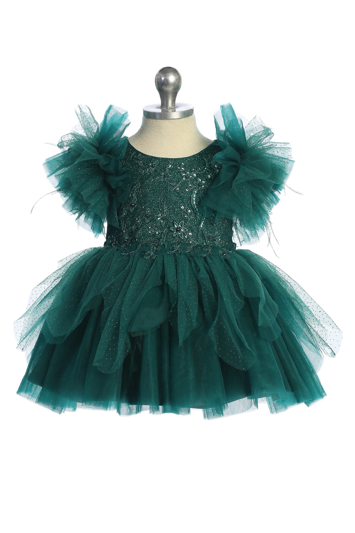 The Emerald kids pageant dress has feather-trimmed flutter sleeves.