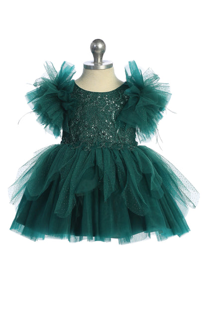 The Emerald kids pageant dress has feather-trimmed flutter sleeves.