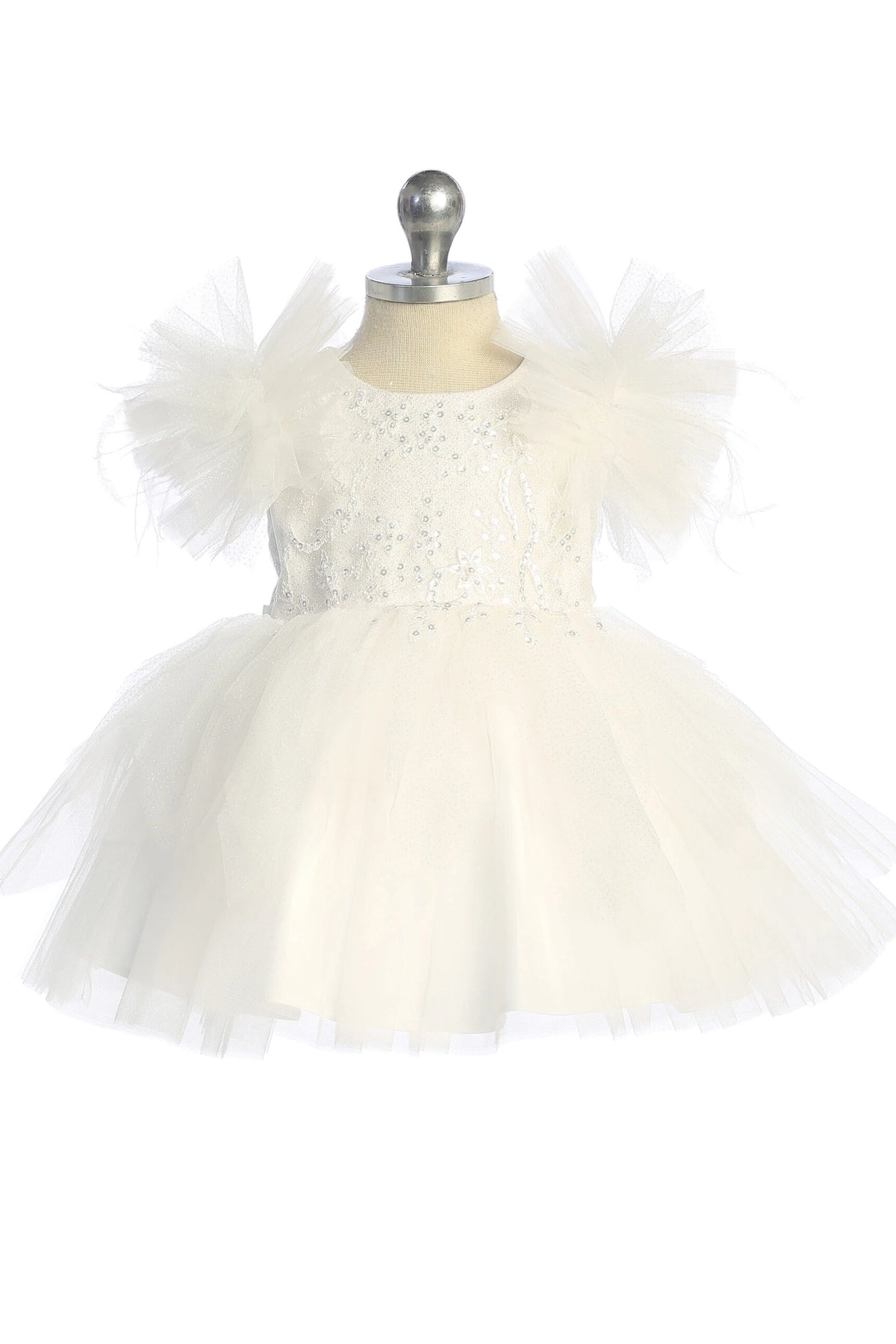 Visible details on the Ivory kids pageant dress include feather-trimmed flutter sleeves.