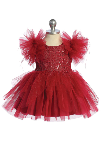 The Red kids pageant dress has feather-trimmed flutter sleeves.