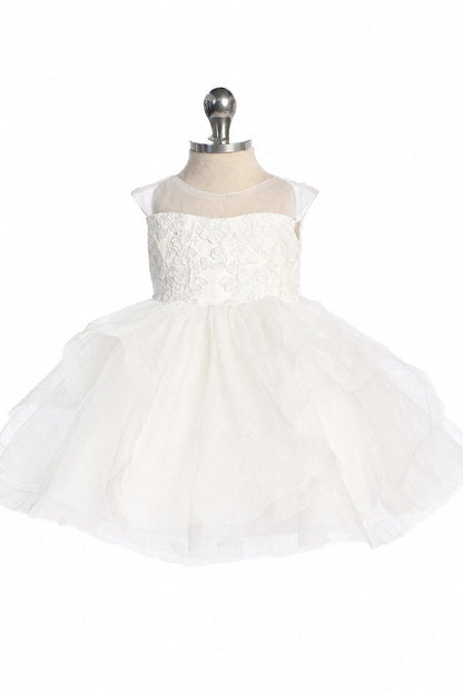 Off-White flower girl dress, showing a textured lace bodice.