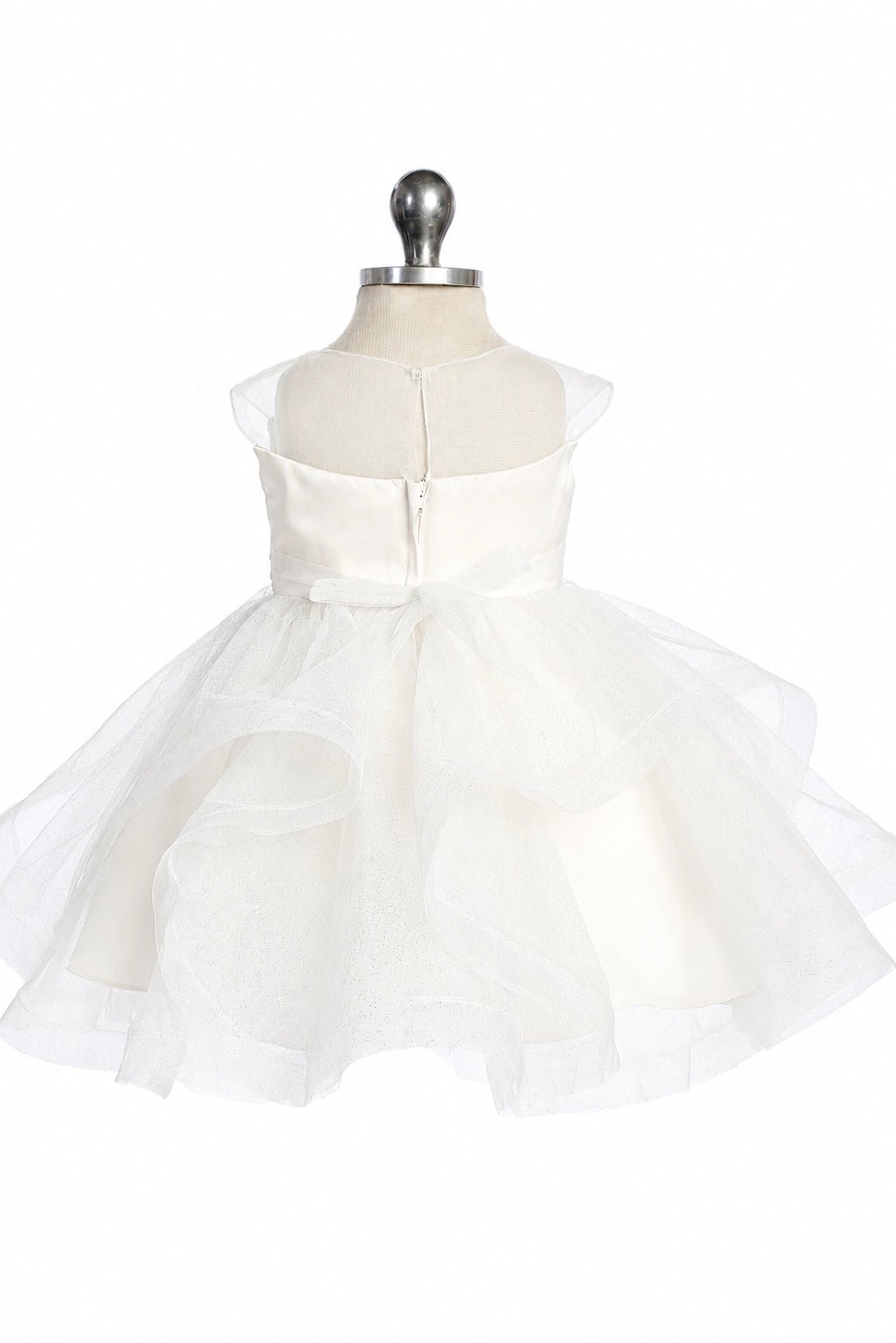 With a small satin back bow, an off-white flower girl dress.