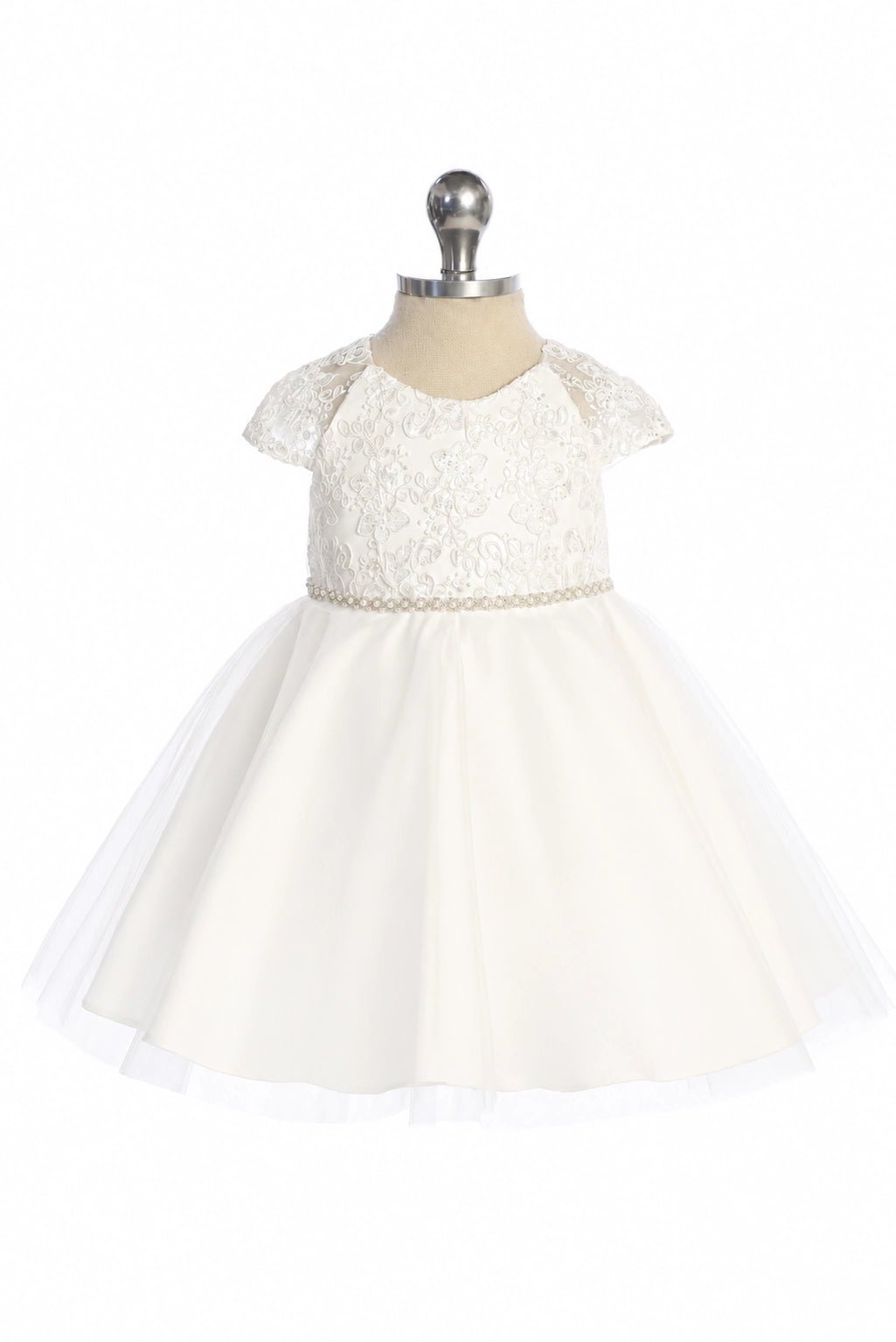 The off-white flower girl dress features lace cap sleeves.