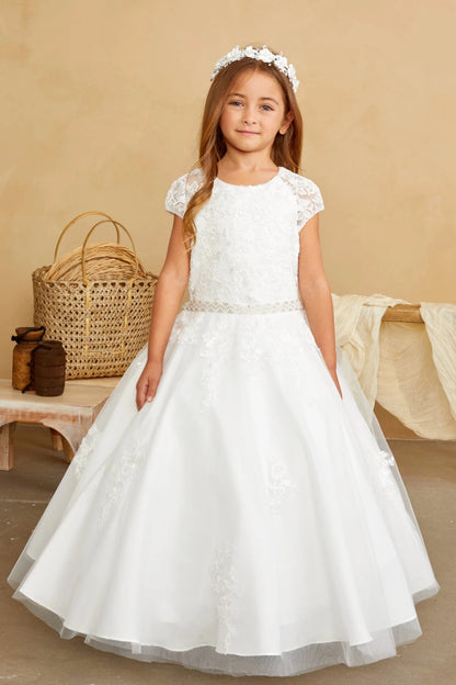 Lace motifs taper down the off-white flower girl dress's skirt.